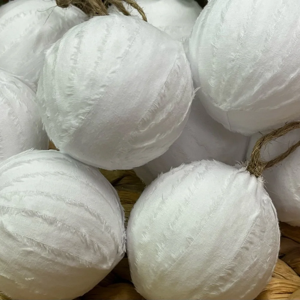 10 Snow White snowballs rag balls Christmas tree ornaments farmhouse bowl filler